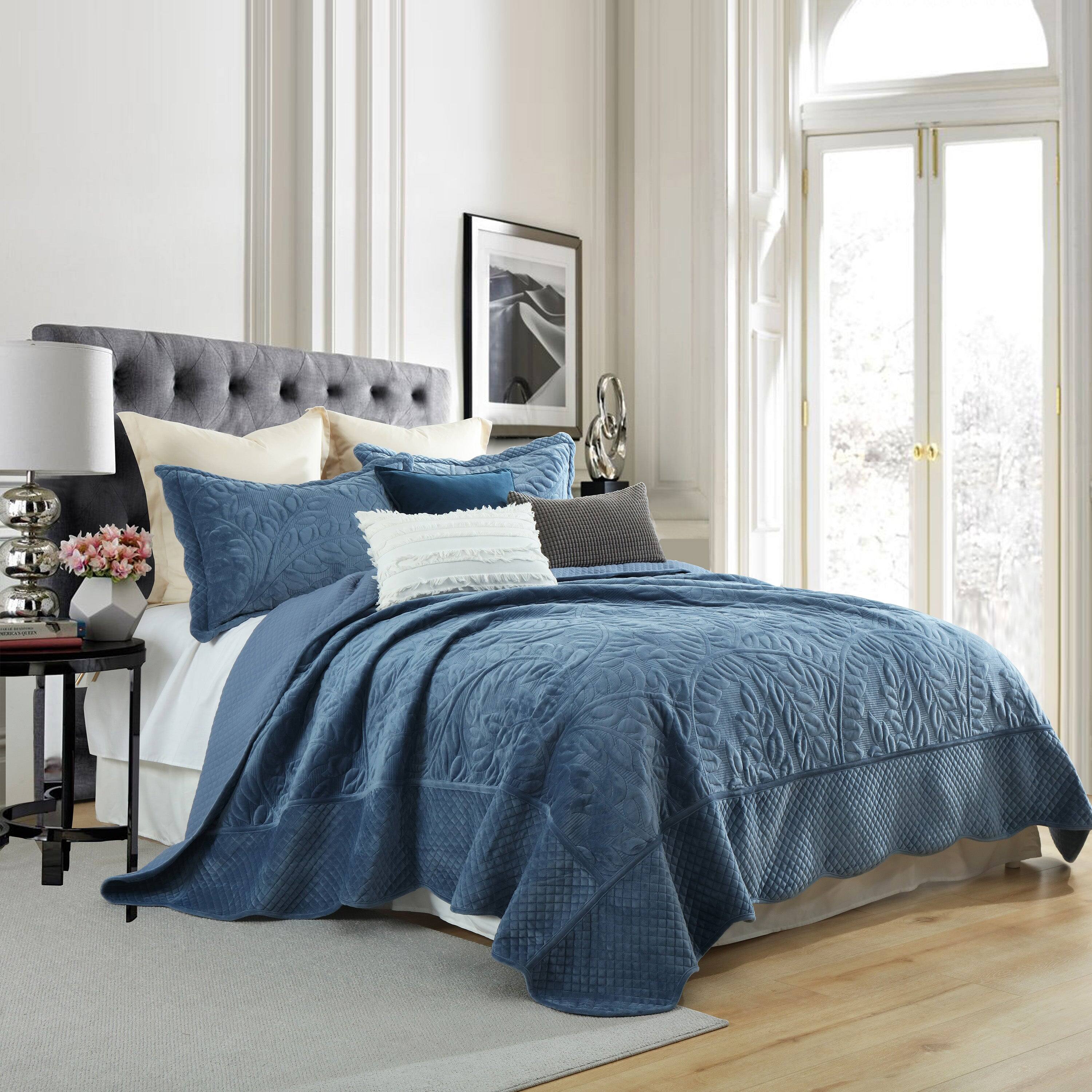 Angle. MarCielo - Marcielo 3Pc Luxury Velvet Oversized Embroidery Soft and Plush Quilt Set - Elegant Blue.