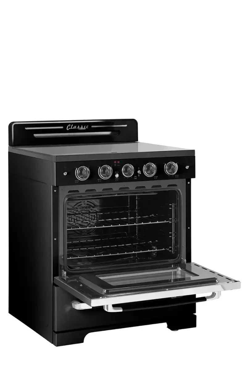 Classic a black oven with a glass front door.