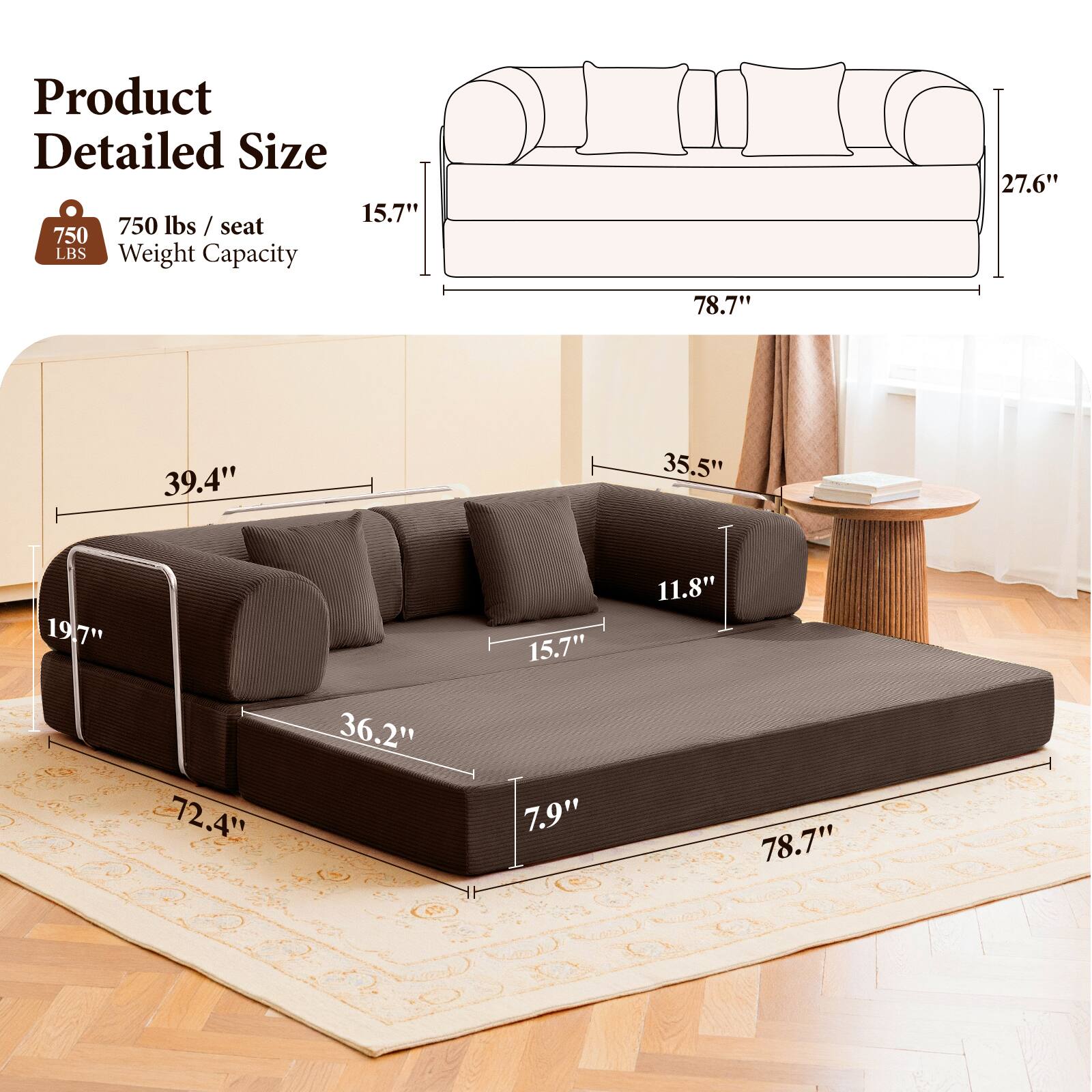 Product Detailed Size

750 lbs / seat  
Weight Capacity

15.7"  
27.6"  
78.7"  
39.4"  
35.5"  
19.7"  
15.7"  
11.8"  
72.4"  
36.2"  
7.9"  
78.7"