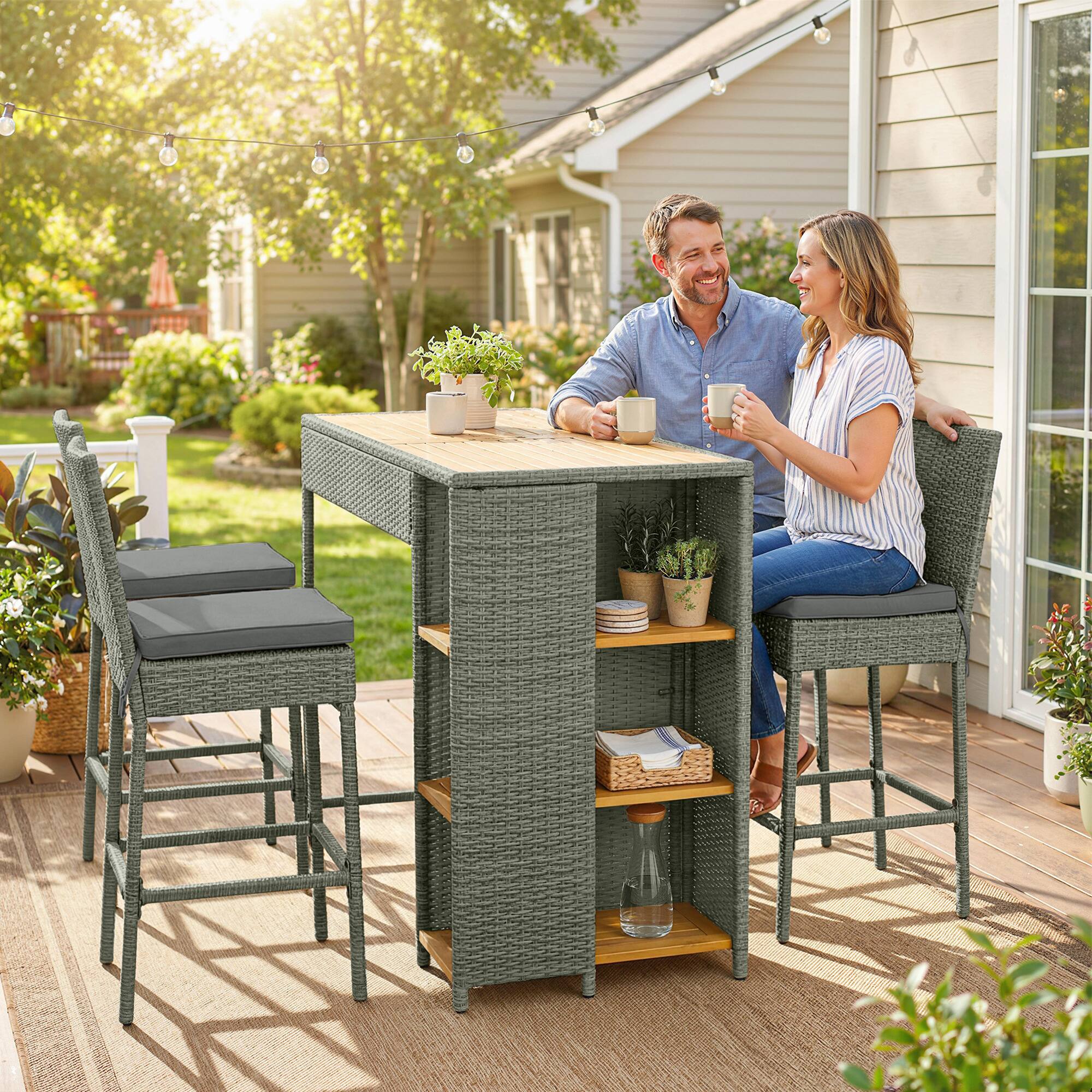 Alt View 1. Outsunny - Piece Wicker Outdoor Bar Set, Acacia Wood Outdoor High Top Table and Chairs with 3 Tier Shelves - Gray.
