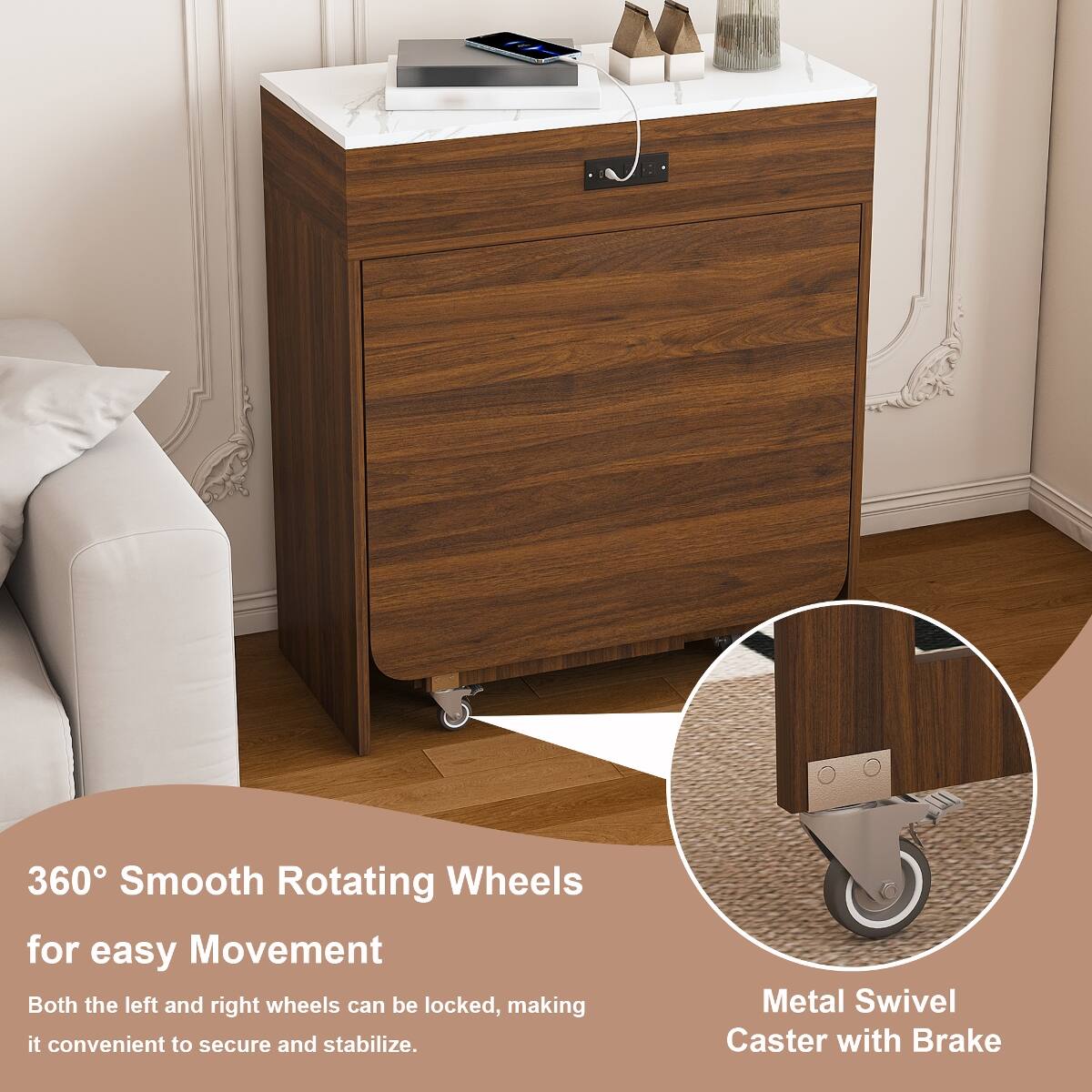 360° Smooth Rotating Wheels for easy Movement  
Both the left and right wheels can be locked, making it convenient to secure and stabilize.  
Metal Swivel Caster with Brake