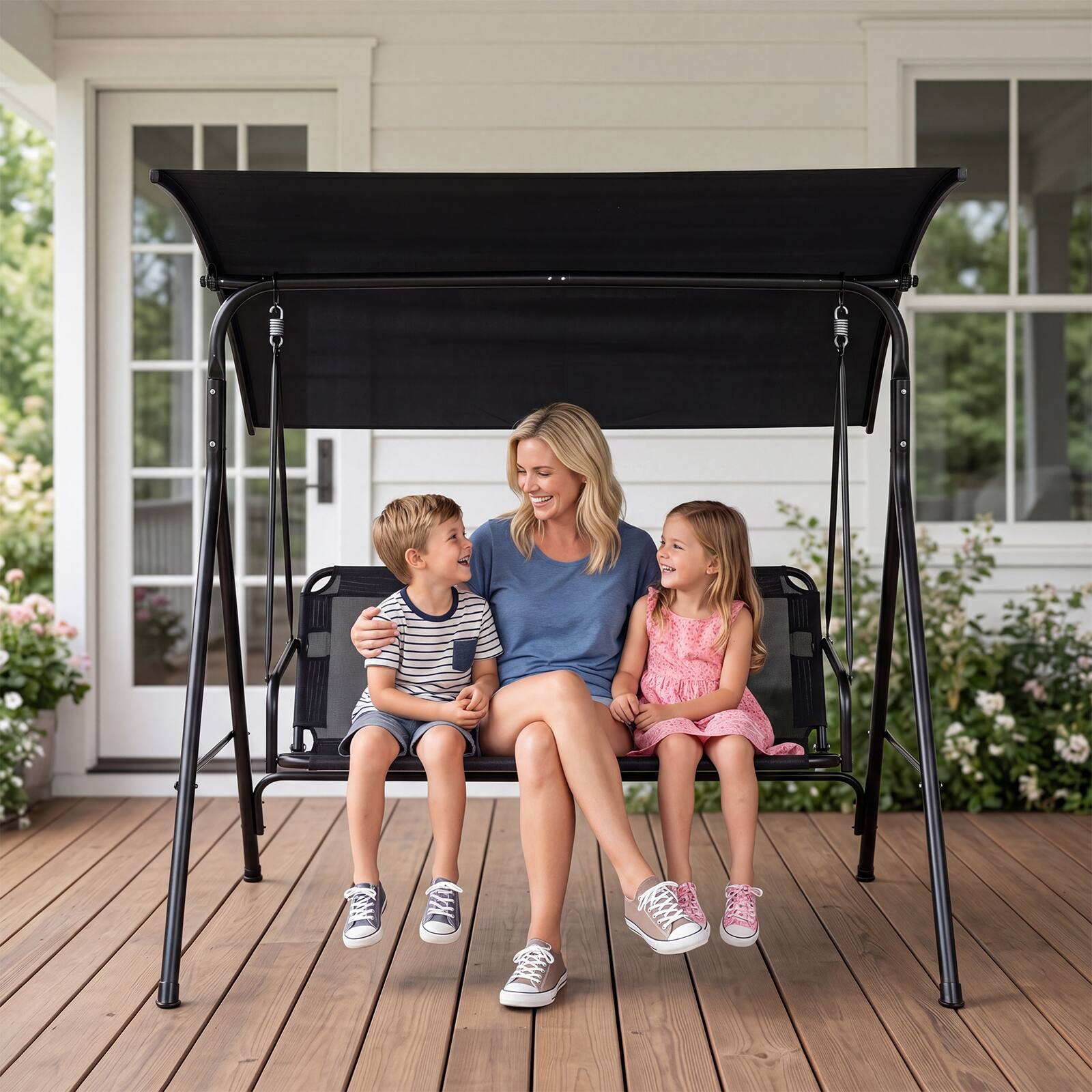 Alt View 3. Costway - Costway 3-Seat Patio Swing Chair with Adjustable Canopy, 800 lbs Heavy-Duty Metal Frame - Black.