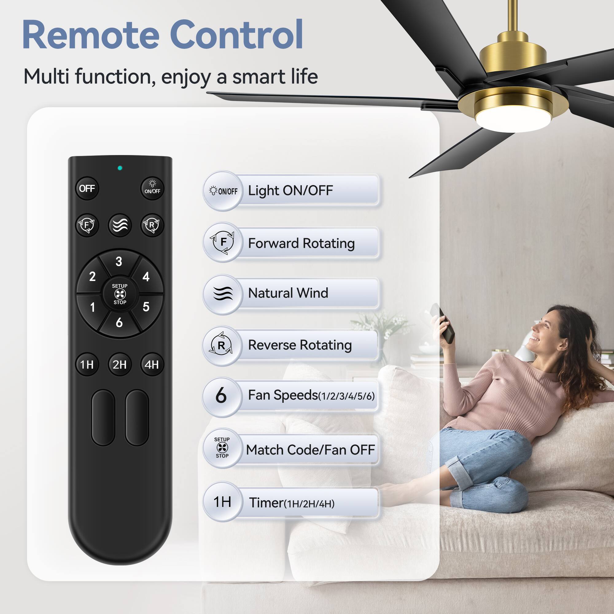 Remote Control, Multi function, enjoy a smart life

OFF
ON/OFF
Light ON/OFF
F
2
1
1H
3
SETUP
STOP
6
2H
R
4
5
4H
F
R
Forward Rotating
Natural Wind
Reverse Rotating
6
Fan Speeds(1/2/3/4/5/6)
SETUP
STOP
Match Code/Fan OFF
1H
Timer(1H/2H/4H)