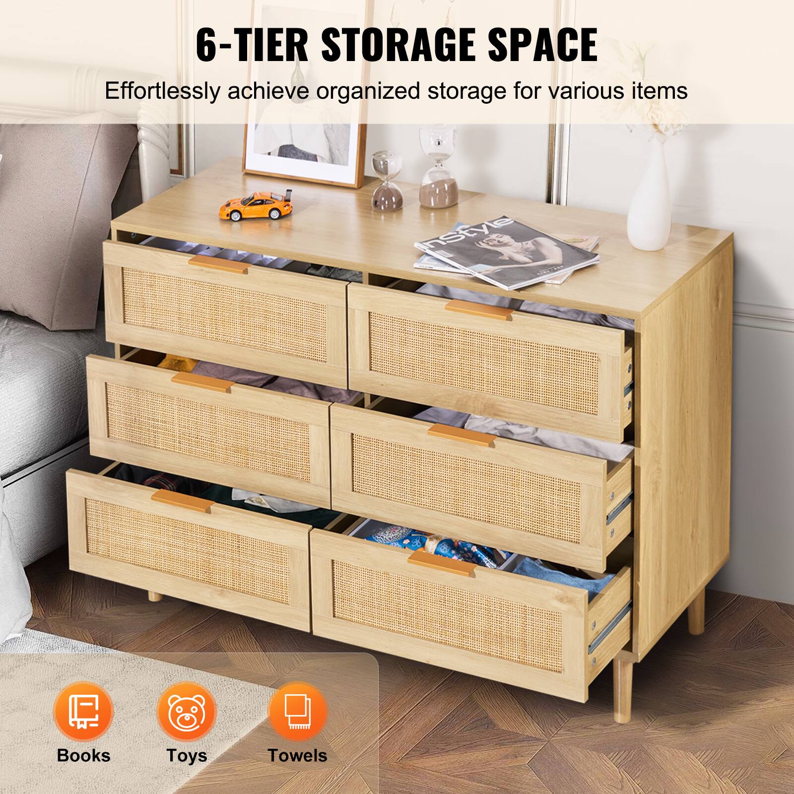 6-TIER STORAGE SPACE  
Effortlessly achieve organized storage for various items  

Books  
Toys  
Towels