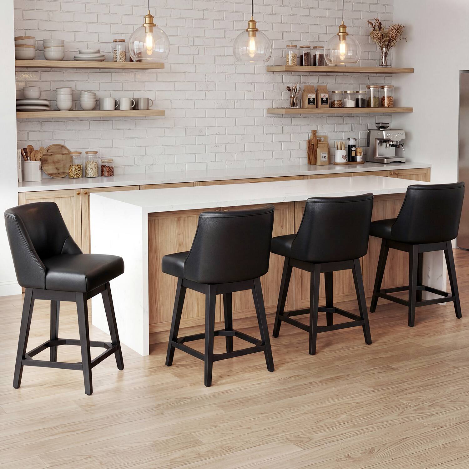 Front. Dyonery - Dyonery 4 Pcs  37-inch bar stool with an embrace-style backrest, 360° rotation, and a solid wood rubberwood frame - Black.