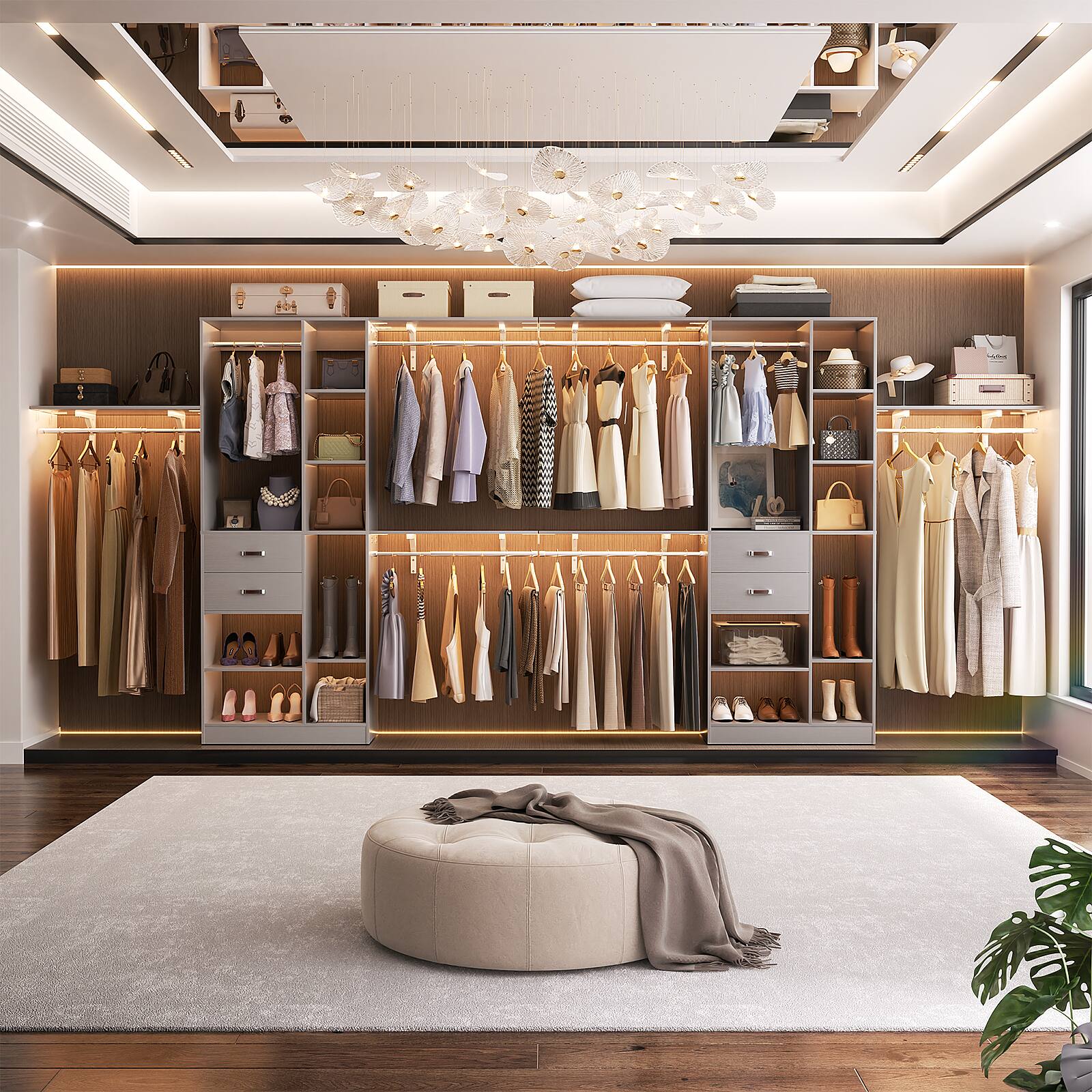 Alt View 2. Aheaplus - Upgraded 96'' Closet System with 13 Storage Shelves, 8FT Open Wardrobe System with 2 Wooden Drawers & 4 Hanging Rods - Gray.