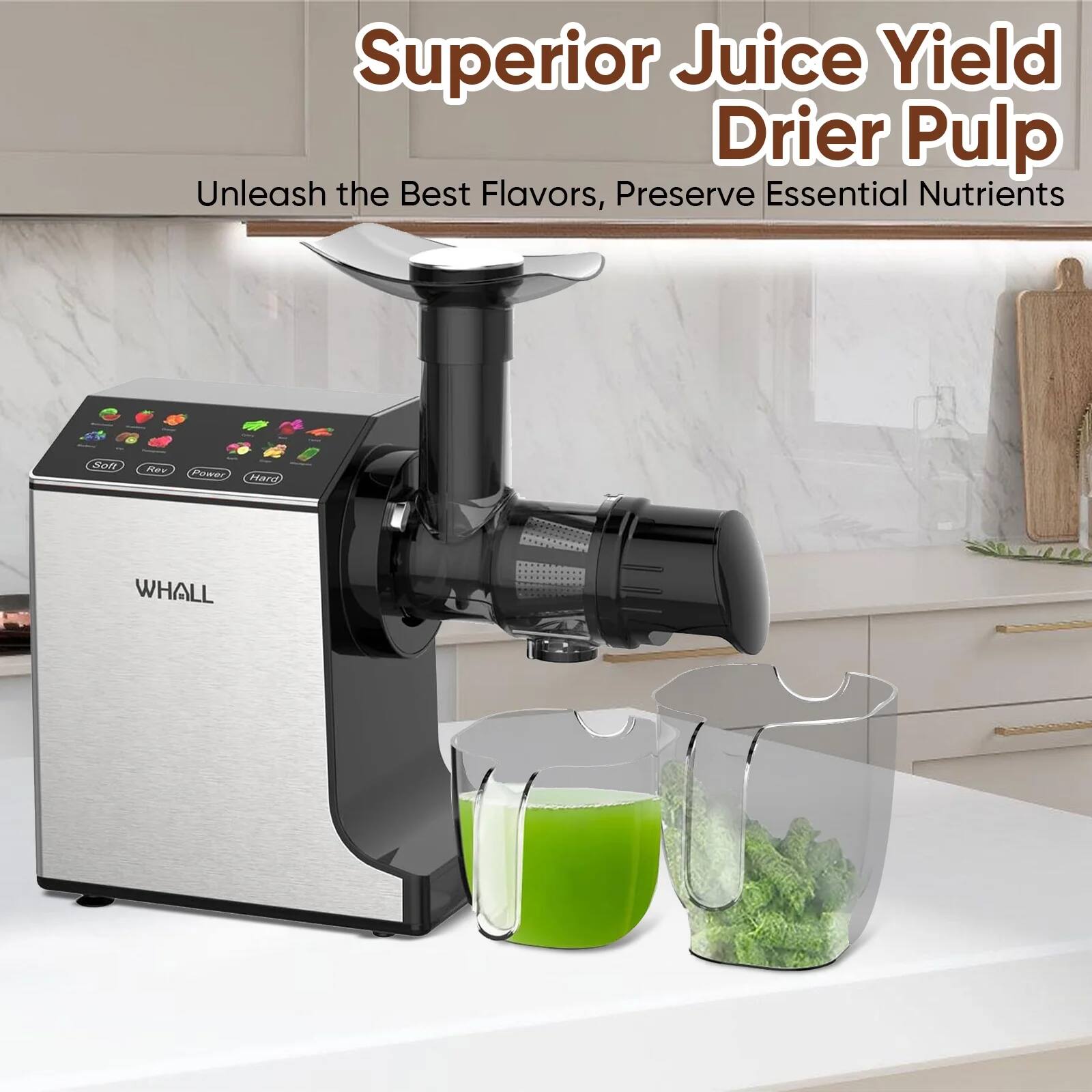 Superior Juice Yield  
Drier Pulp  
Unleash the Best Flavors, Preserve Essential Nutrients  

Soft  
Medium  
Power  
Hard  

WHALL