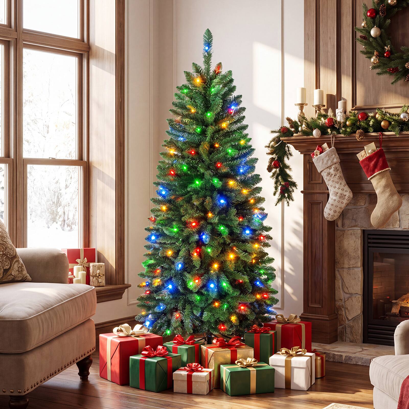 Costway 5 FT Pencil Christmas Tree with 504 Full Branch Tips, 170 LED ...