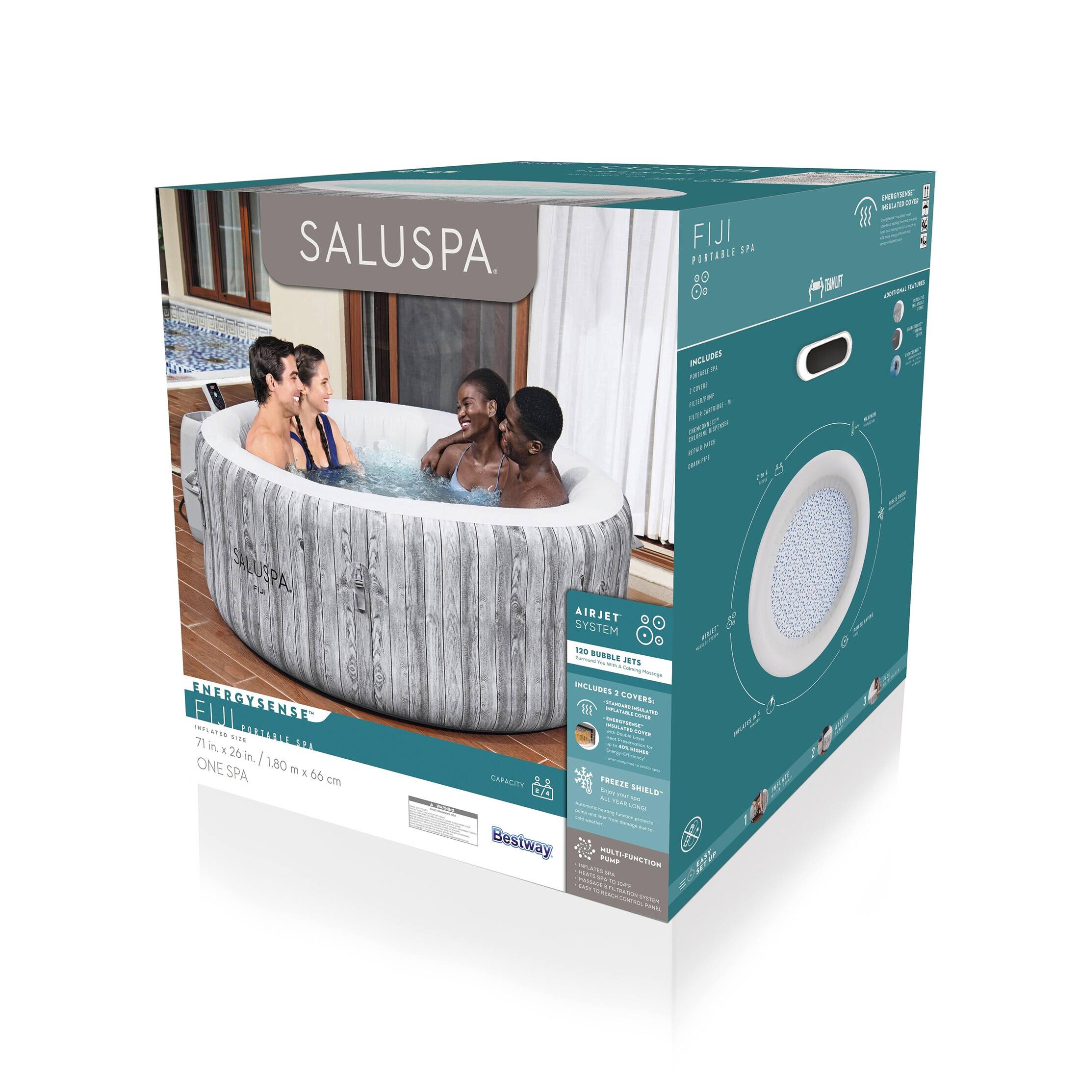 SALUSPA. FIJI PORTABLE SPA

INCLUDES:
- UP ED - INCLUSVS i - LUNE N F -2 - SET - a - DW
- SALUSPA ENERGYSENSE FIJI ELATUS MIS FARIAAA
- 71 in.x 26 in / 1.80 m x 66 cm
- ONE SPA
- AIRJET SYSTEM
- 120 BUBBLE JETS
- 100% SUBMERSIBLE
- STERILIZATION
- FREEZE SHIELD
- 5 COVERS
- MULTI-FUNCTION

Bestway