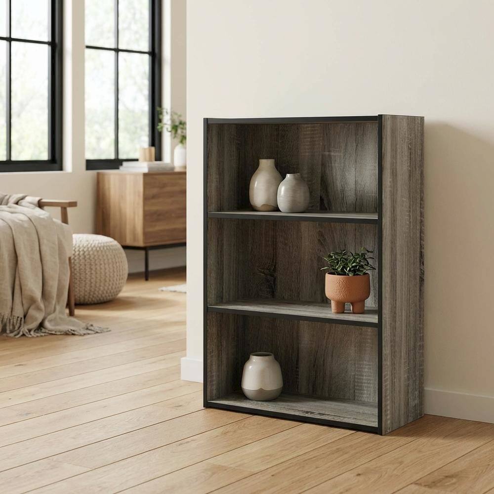 Left. FurniFact - 3 Tier Open Shelf Bookcase with French Oak Grey Finish for Contemporary Storage - French Oak Grey.
