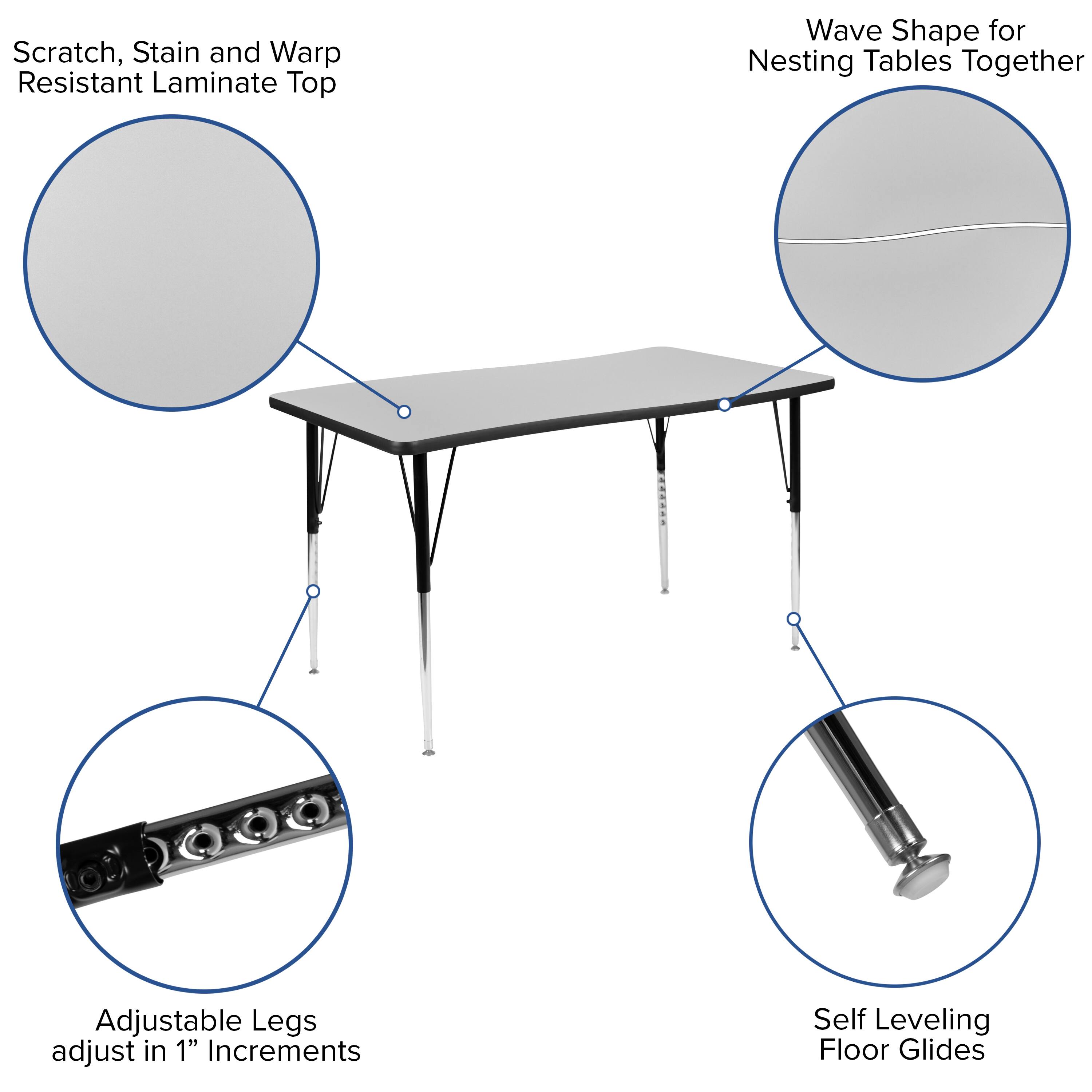 Scratch, Stain and Warp Resistant Laminate Top

Wave Shape for Nesting Tables Together

Adjustable Legs adjust in 1" Increments

Self Leveling Floor Glides