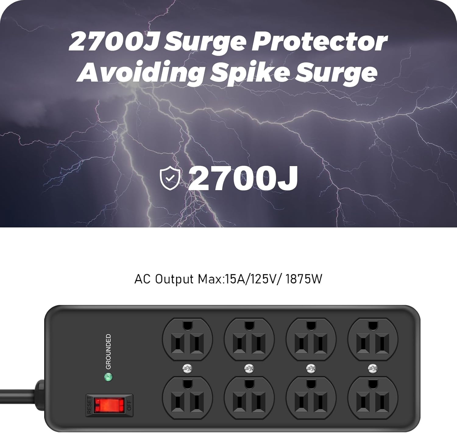 2700J Surge Protector Avoiding Spike Surge  
2700J  
AC Output Max: 15A/125V/1875W  
GROUNDED  
RESET OFF