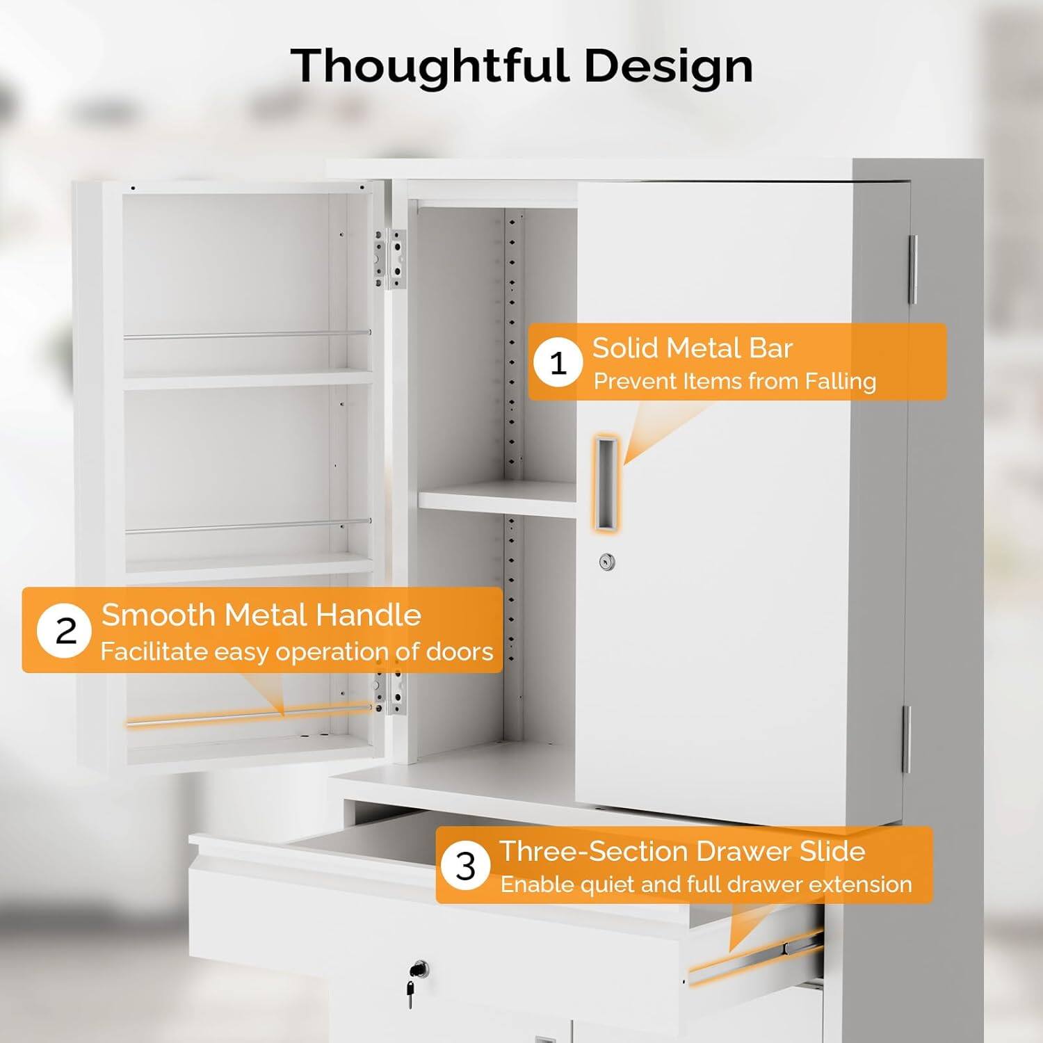 Thoughtful Design

1. Solid Metal Bar  
   Prevent Items from Falling

2. Smooth Metal Handle  
   Facilitate easy operation of doors

3. Three-Section Drawer Slide  
   Enable quiet and full drawer extension