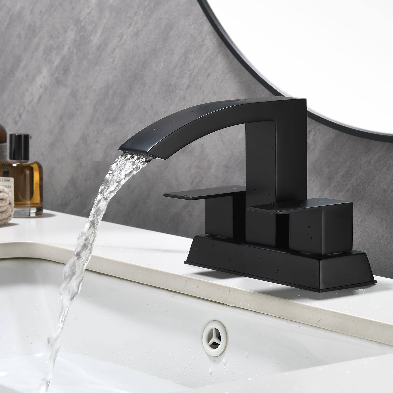 Alt View 1. Boyel Living - Black 4 Inch Centerset Faucet SUS304 Waterfall Spout 1.2GPM Dual Handle Pop Up Drain - Matte Black.
