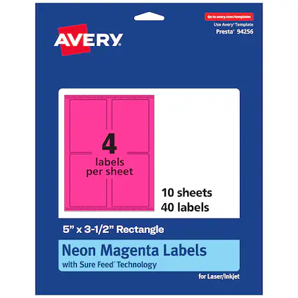 Go to avery.com/templates
AVERY
Use Avery Template Presta* 94256
4 labels per sheet
10 sheets
40 labels
5" x 3-1/2" Rectangle
Neon Magenta Labels with Sure Feed Technology for Laser/Inkjet