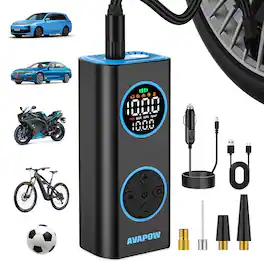 AVAPOW - Tire Inflator, Portable Air Compressor 150PSI, Cordless Air Pump for Car Tires with Digital Gauge, Auto Shut-Off - Black