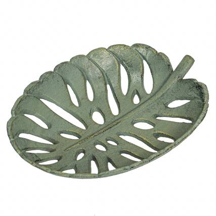 Front. Chesapeake Bay - 12 Inch Cast Iron Verdigris Tropical Leaf Decorative Bowl Serving Tray Kitchen Fruit Organizer - Green.