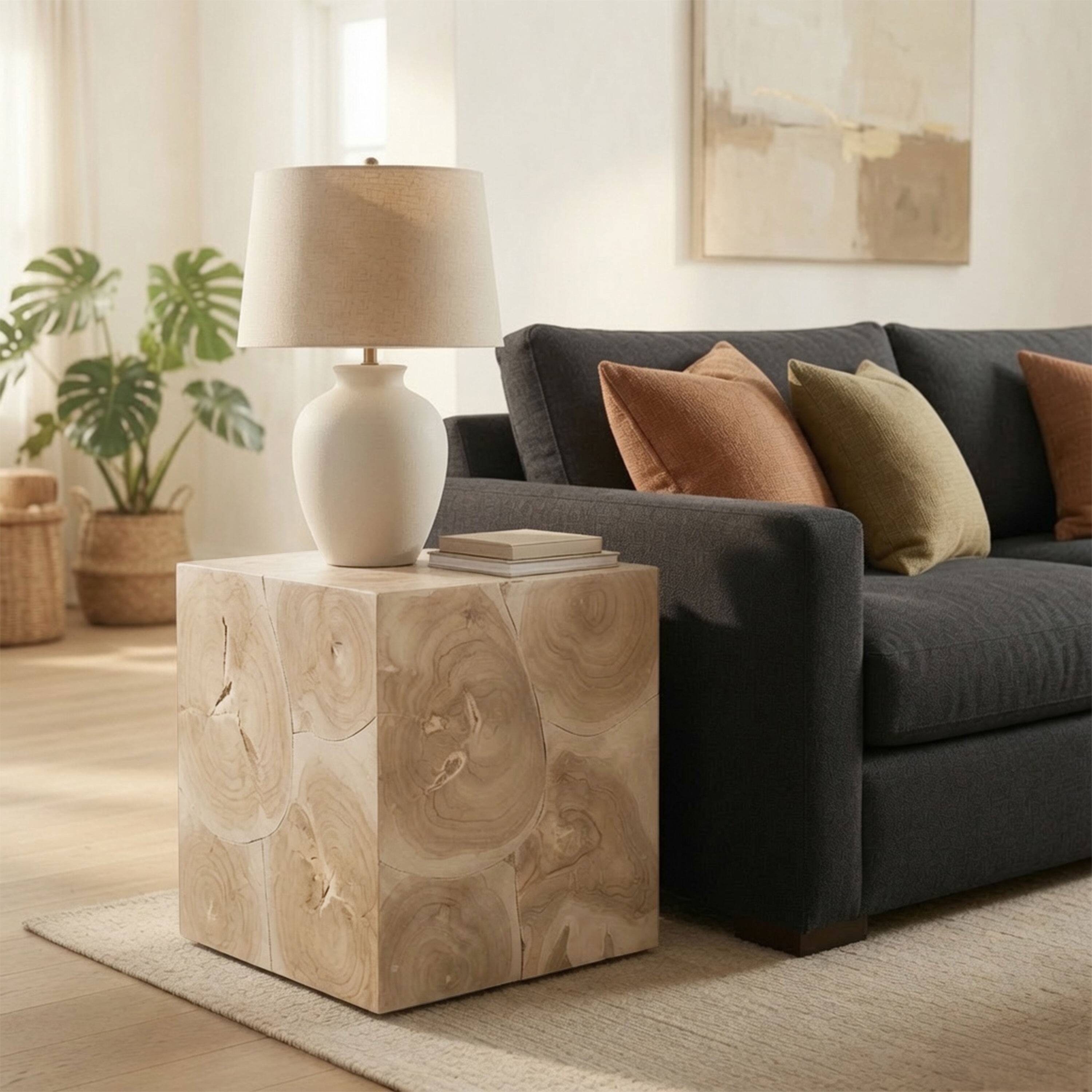 Alt View 8. Manhattan Lane - Sira Mosaic Side End Table, Hand Oiled Natural Brown Finish, 20 Inch Solid Teak Wood Slice Cube - Natural Brown.