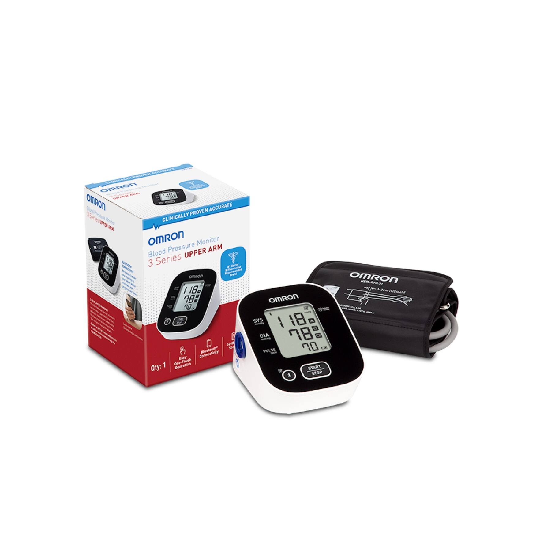 The image features a box of an Omron blood pressure monitor and a cuff. The box contains a 3 series upper arm blood pressure monitor, which is known for its accuracy and proven clinical effectiveness. The cuff is designed to fit upper arms and is compatible with the monitor. The cuff is placed next to the box, ready for use.