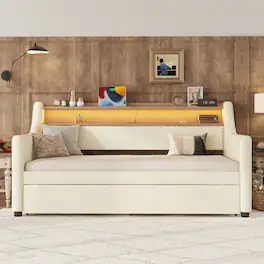 PexFix - Twin Daybed with Trundle, LED Lights & Charging Station, Upholstered Bed for Guest Room - White