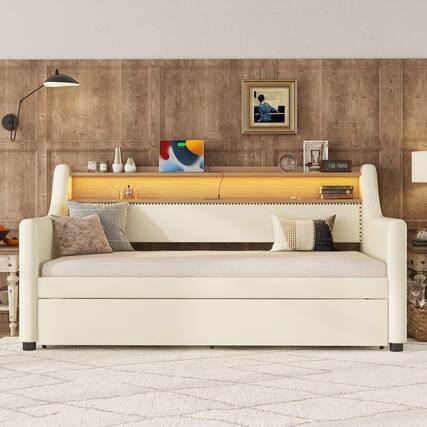 Front. PexFix - Twin Daybed with Trundle, LED Lights & Charging Station, Upholstered Bed for Guest Room - White.