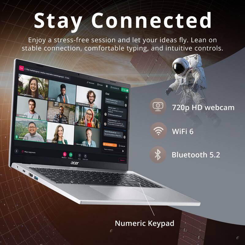 Stay Connected

Enjoy a stress-free session and let your ideas fly. Lean on stable connection, comfortable typing, and intuitive controls.

- 720p HD webcam
- WiFi 6
- Bluetooth 5.2
- Numeric Keypad