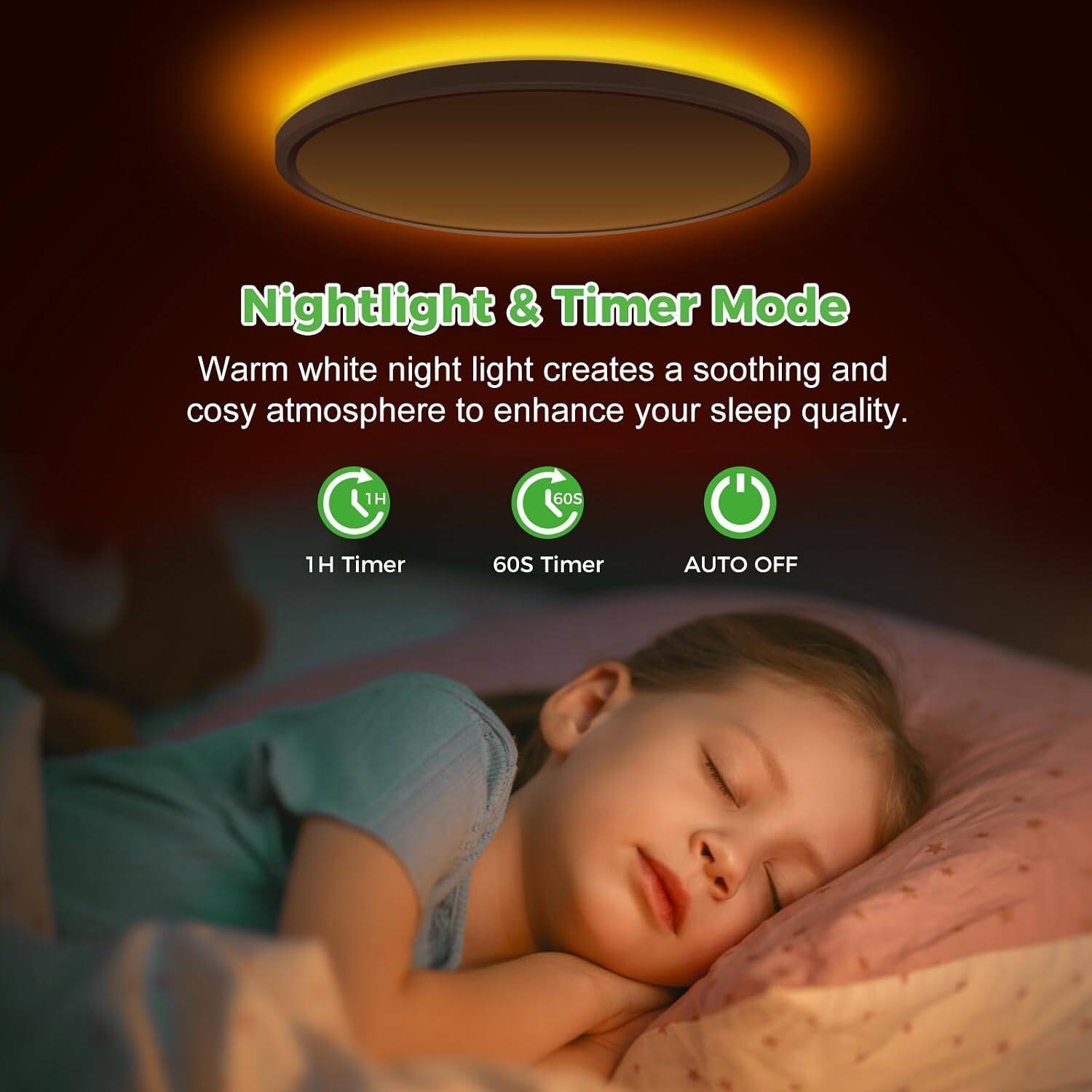 Nightlight & Timer Mode  
Warm white night light creates a soothing and cosy atmosphere to enhance your sleep quality.  
1H Timer  
60S Timer  
AUTO OFF