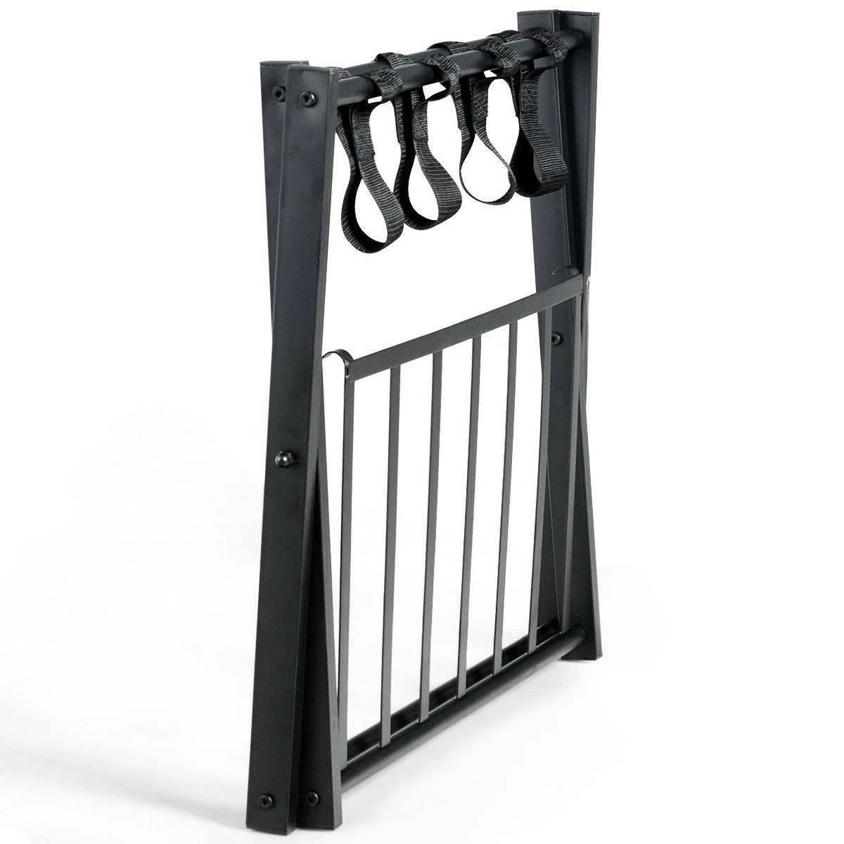 Left. Hivvago - Set of 2 - Folding Black Metal Luggage Rack with Bottom Storage Shelf - Black.