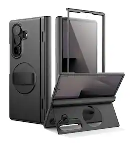 SURITCH - Case for Samsung Galaxy Z Fold 7 with 360° Rotatable Hand Strap, Invisible Kickstand, Screen Protector, Protective Cover - Black