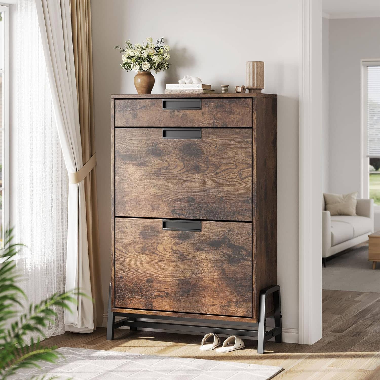 Acekool - Shoe Storage Cabinet with 2 Flip Drawers & 1 Top Drawer, Narrow Entryway Shoe Organizer, Farmhouse Style, Vintage - Brown