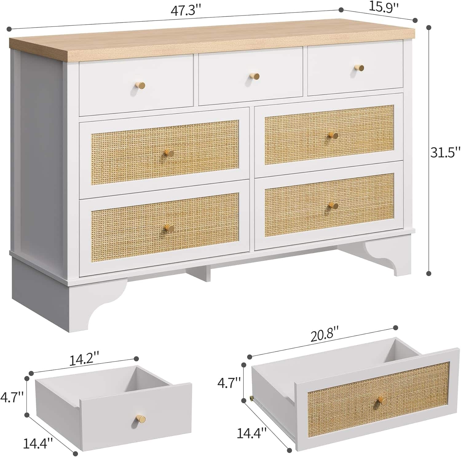 Acekool - 7-Drawer Dresser, 47.3" Wood Chest with Storage Organizer, Sturdy Base for Bedroom, Entryway - White