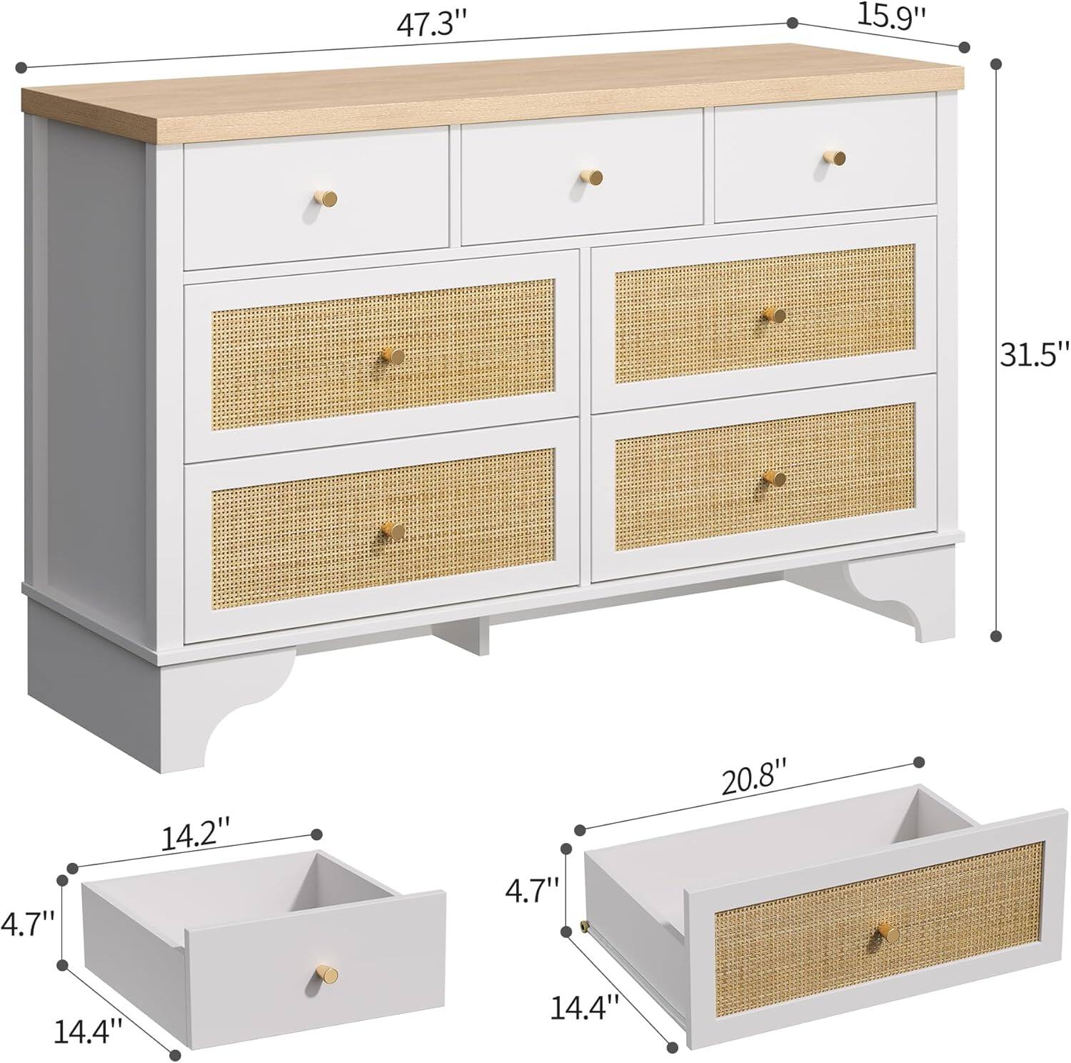 Acekool - 7-Drawer Dresser, 47.3" Wood Chest with Storage Organizer, Sturdy Base for Bedroom, Entryway - White