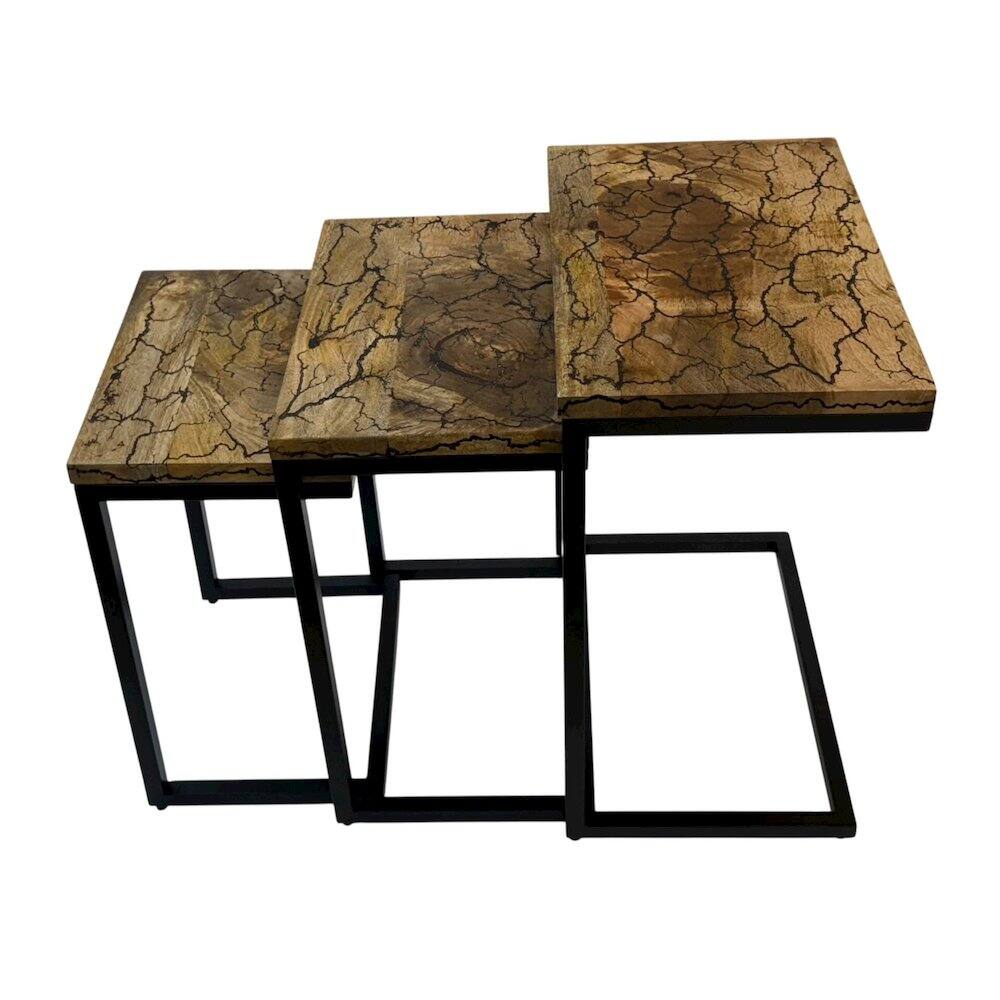 Alt View 2. Carolina Chair & Table - Electra 3 Piece Nesting Table Set - Electrified Wood - Black Iron - Chestnut, Black.