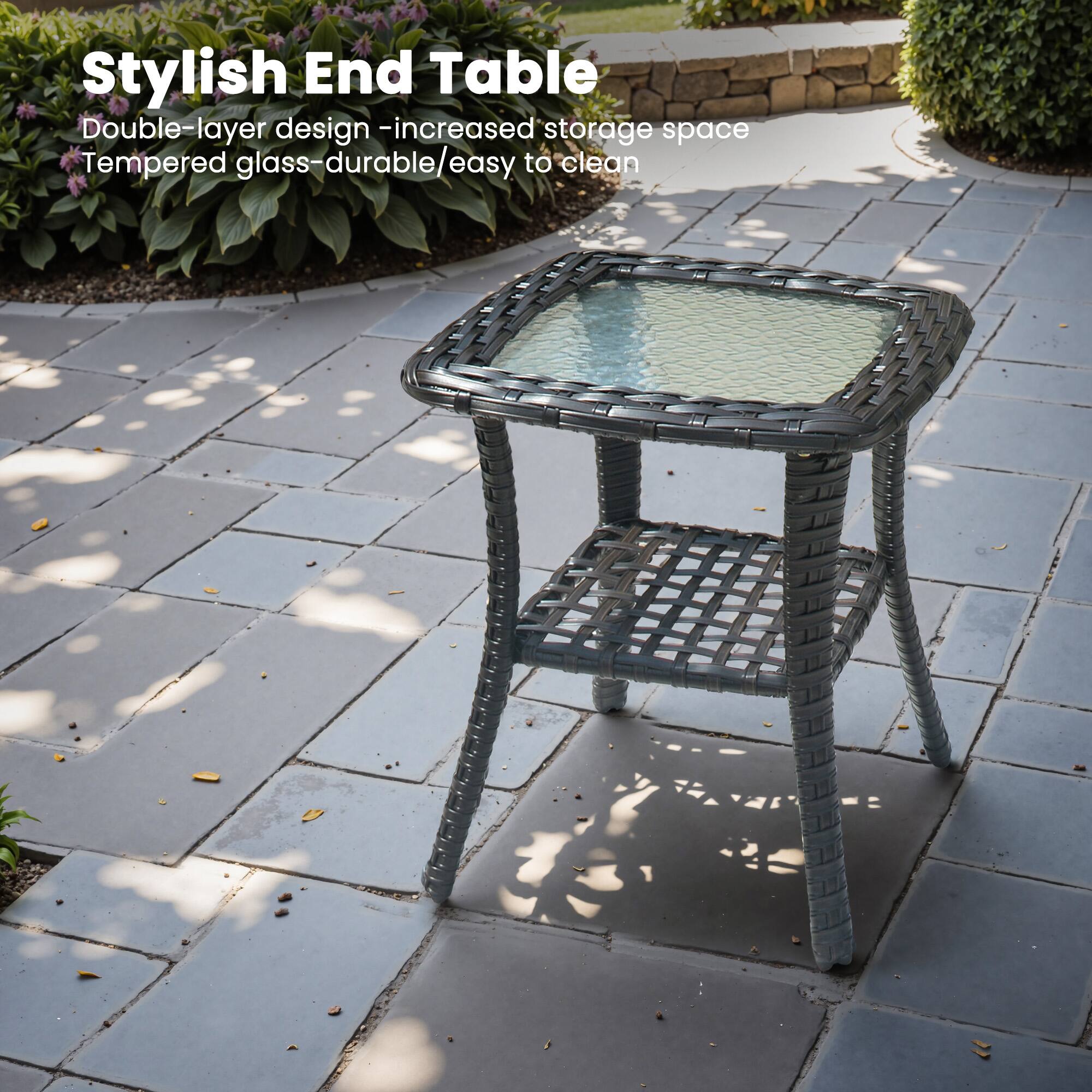 Stylish End Table  
Double-layer design - increased storage space  
Tempered glass - durable/easy to clean