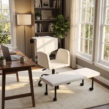 Front. Famapy - Cross-Legged Meditation Office Chair with Desk & Footrest, Ergonomic Multi-Posture Swivel Desk Chair with Cup Holder - White.