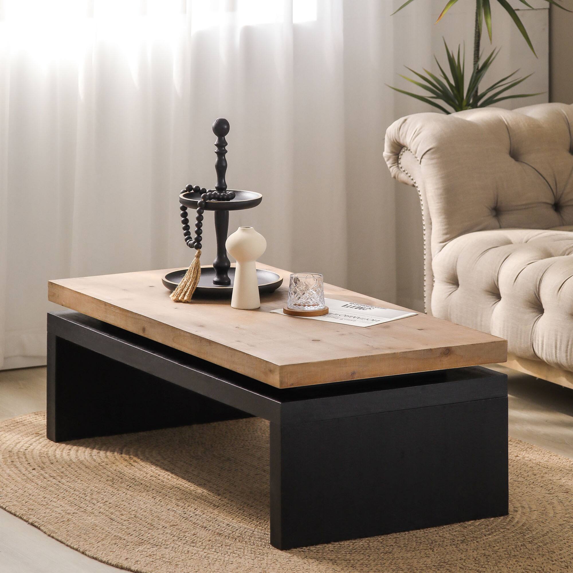 Left. GOODSILO - Contemporary Floating Top Coffee Table with Sleek Design for Modern Living Rooms - Natural Wood.