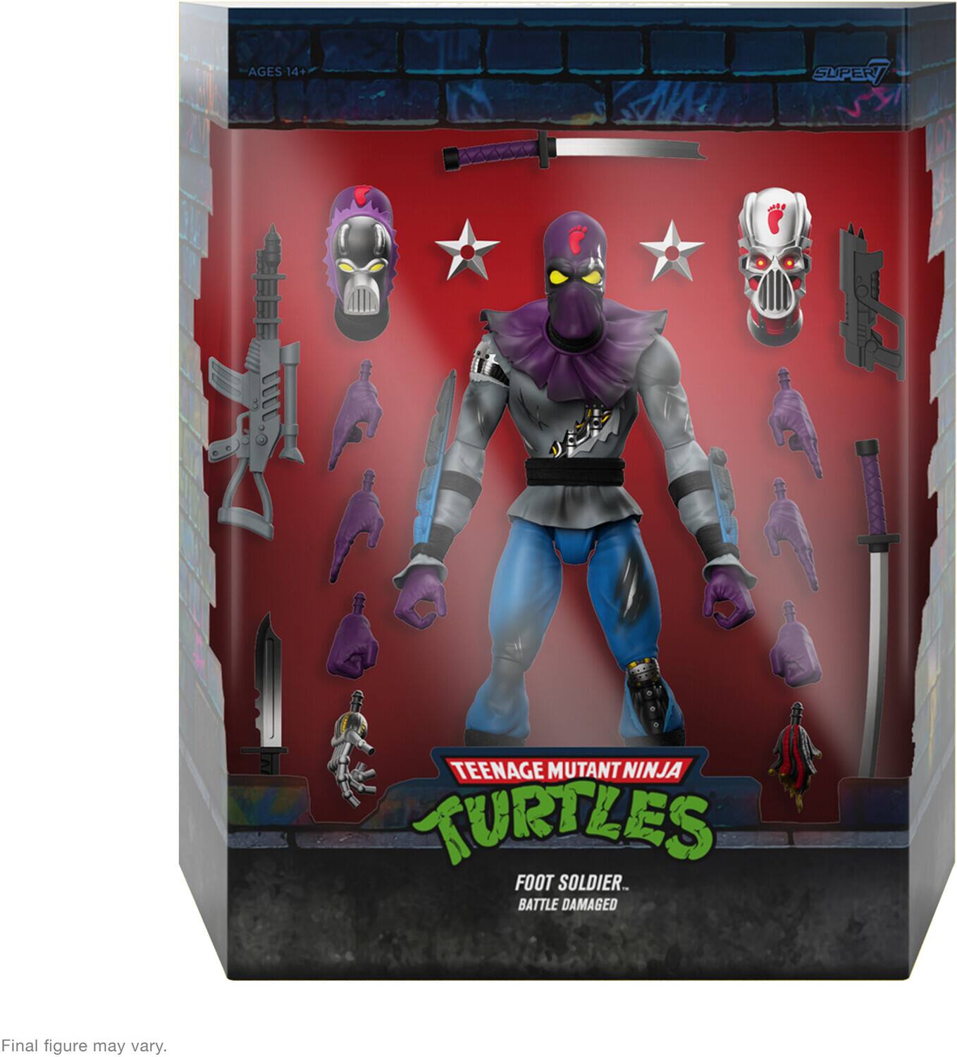 The text on the image is: "AGES 14+ SUPER TEENAGE MUTANT NINJA TURTLES FOOT SOLDIER... BATTLE DAMAGED. Final figure may vary."