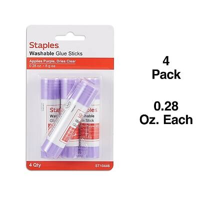 Staples Washable Glue Sticks  
Apples Purple, Dries Clear  
0.28 oz (8 g) ea  
4 Pack  

4 Qty  
0.28 Oz. Each  

ST10446