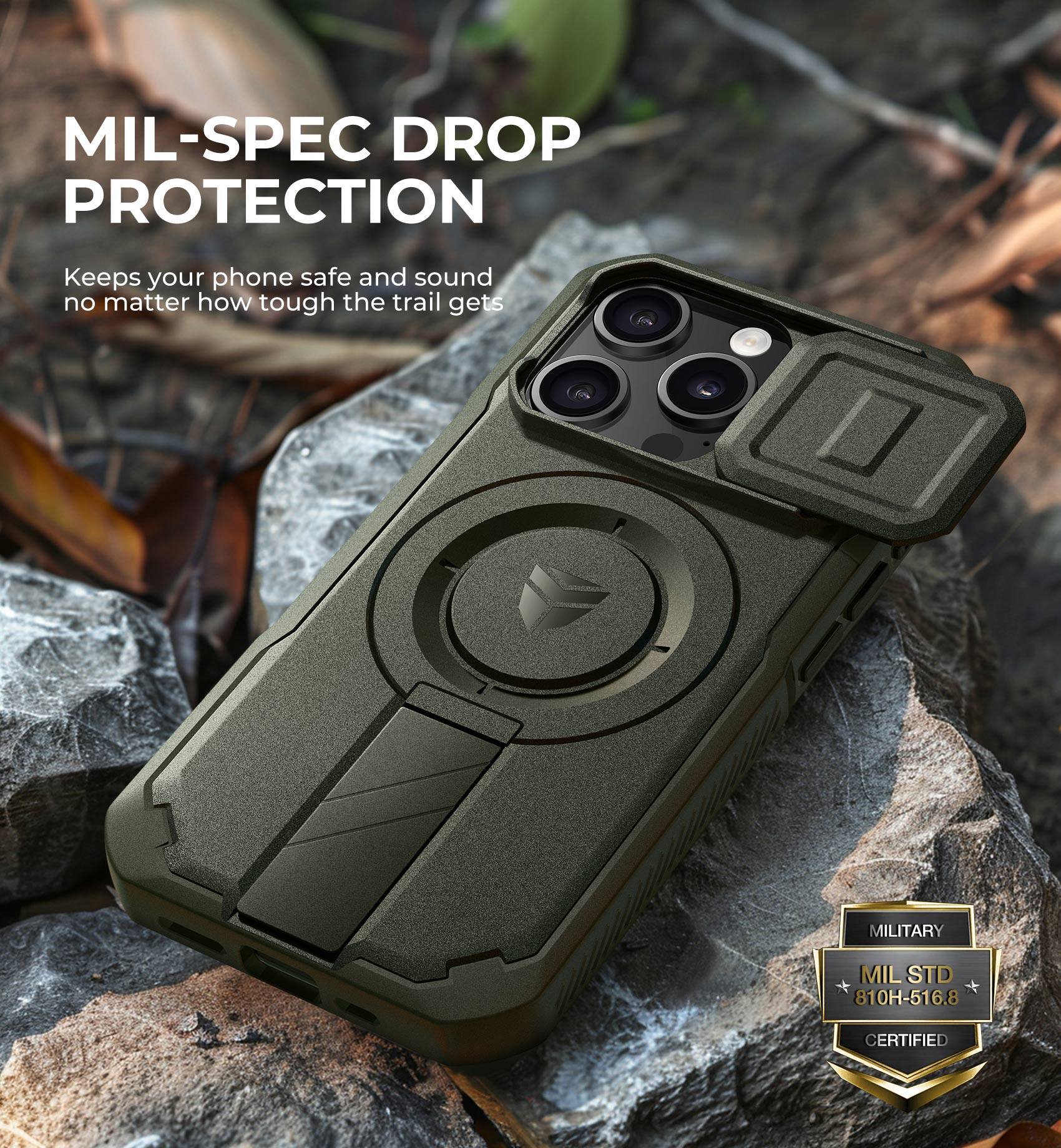 MIL-SPEC DROP PROTECTION  
Keeps your phone safe and sound no matter how tough the trail gets  

MILITARY  
MIL STD 810H-516.8 CERTIFIED