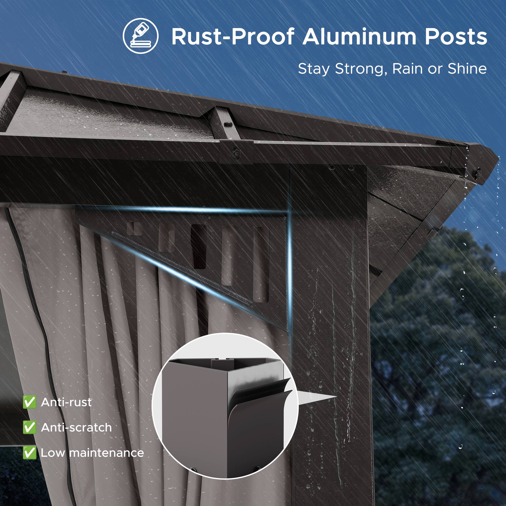 Rust-Proof Aluminum Posts Stay Strong, Rain or Shine

- Anti-rust
- Anti-scratch
- Low maintenance