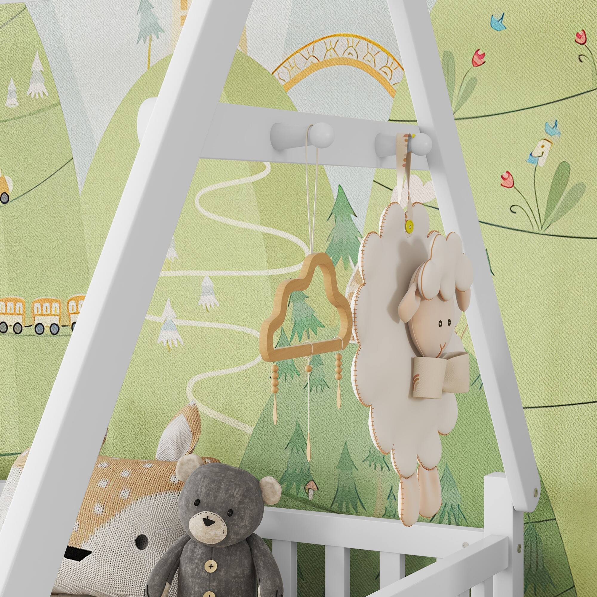 Angle. GOODSILO - Full Size Low Profile House Frame Bed with Detachable Roof and LED Light Kit for Children's Bedroom - White.