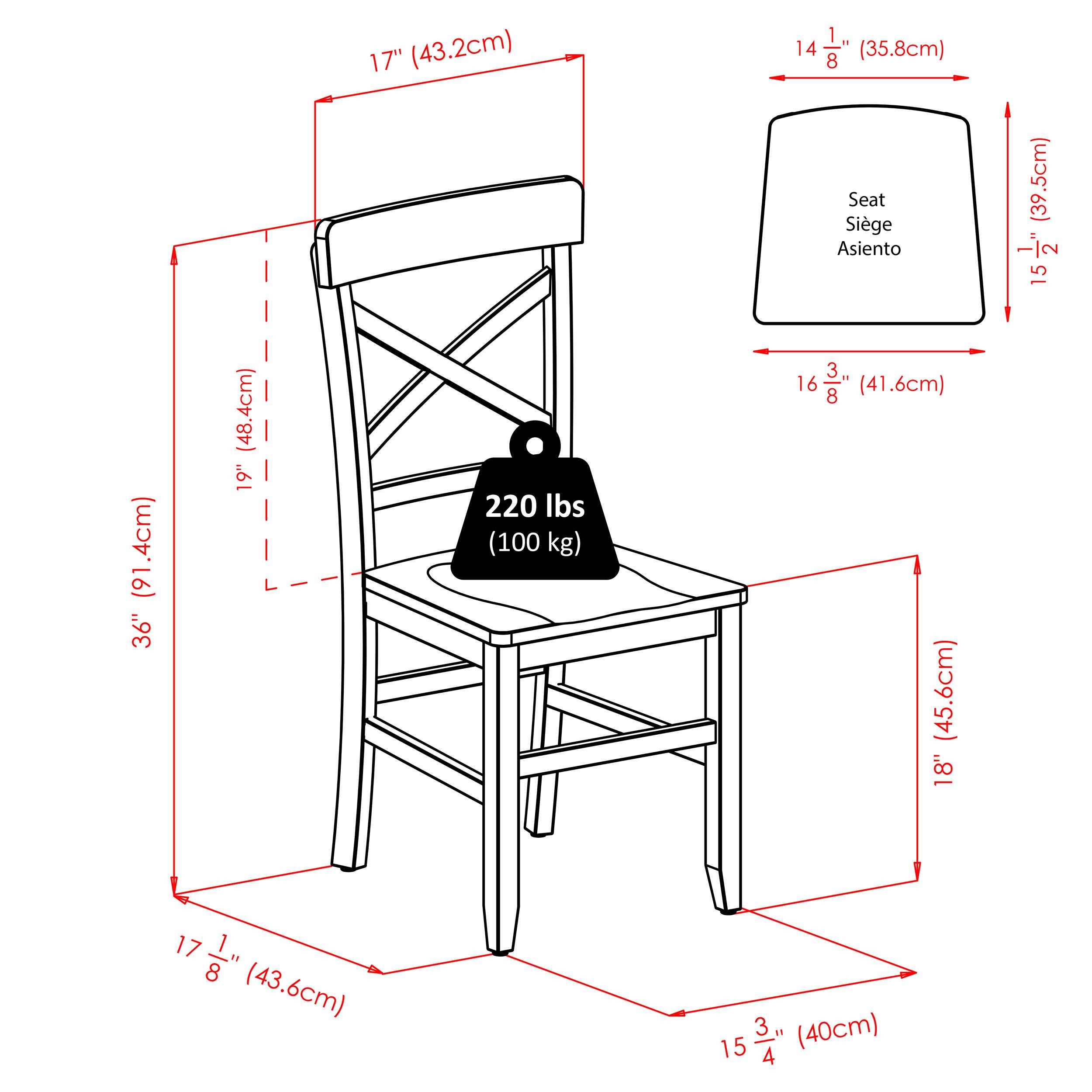 17" (43.2cm)  
14 1/8" (35.8cm)  
Seat Síège Asiento (39.5cm)  
15 1/2" (41.6cm)  
36" (91.4cm)  
19" (48.4cm)  
220 lbs (100 kg)  
18" (45.6cm)  
17 1/8" (43.6cm)  
3 1/4" (40cm)