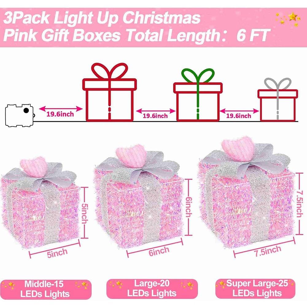 3Pack Light Up Christmas Pink Gift Boxes  
Total Length: 6 FT  

- 19.6inch (Length)  
- 5inch (Height)  
- 6inch (Height)  
- 7.5inch (Height)  

- Middle-15 LEDs Lights  
- Large-20 LEDs Lights  
- Super Large-25 LEDs Lights
