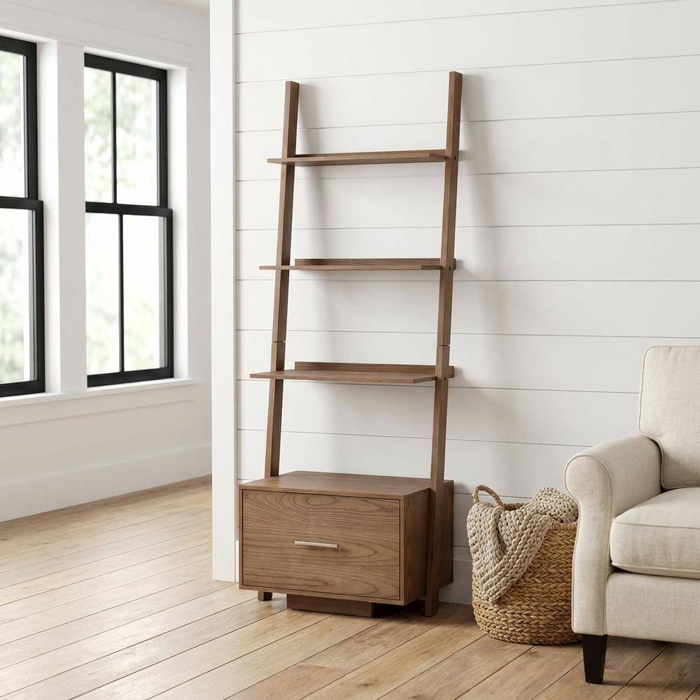 Back. FurniFact - Ash Veneer Ladder Bookcase with File Drawer for Storage and Organization - Driftwood.