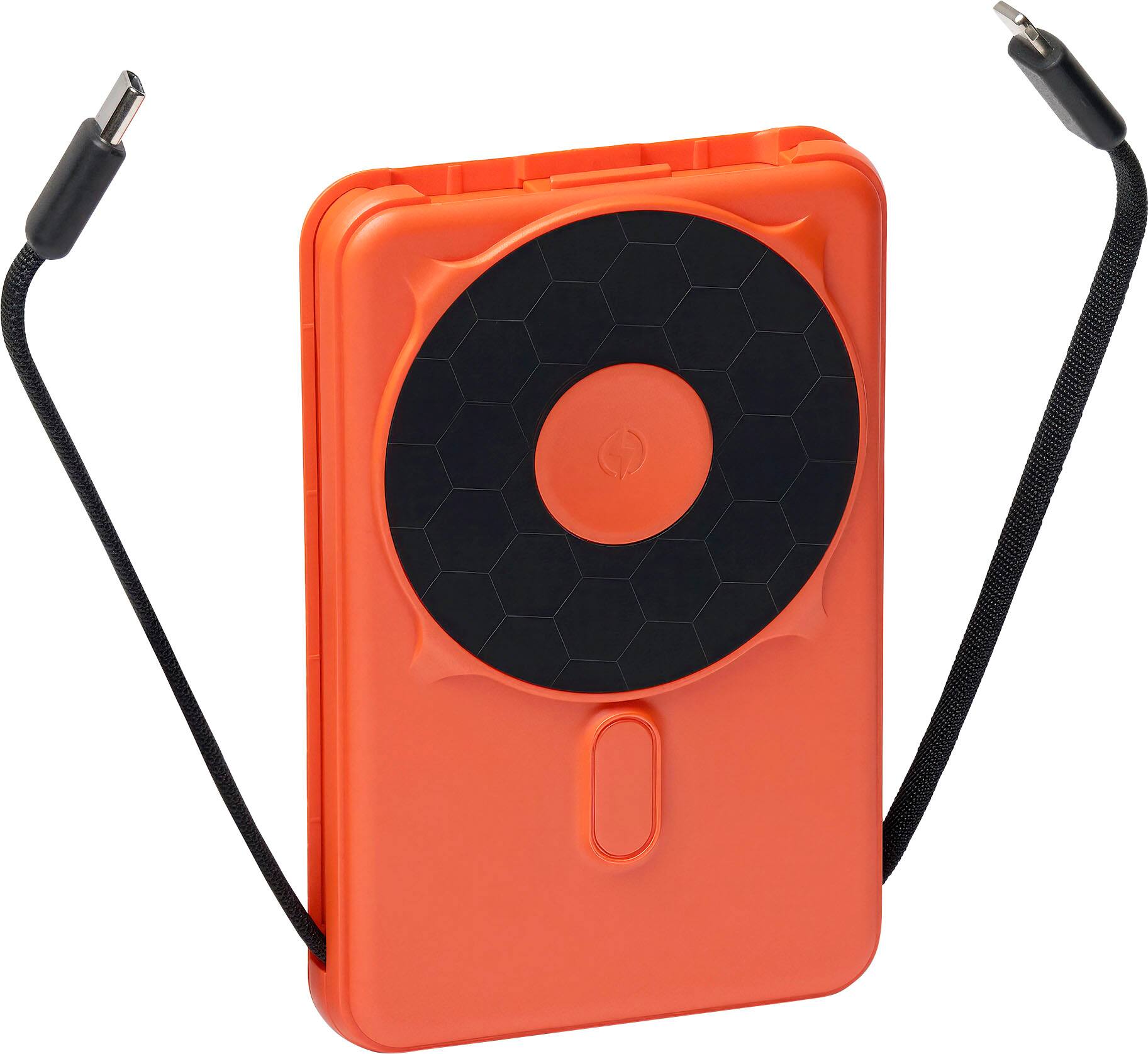 Angle. The Ridge Wallet - MAGSAFE POWER BANK 10,000mAh 20w 5-in-1 with integrated lightning and USB-C cables, Apple Watch charging, and Kickstand - Orange.