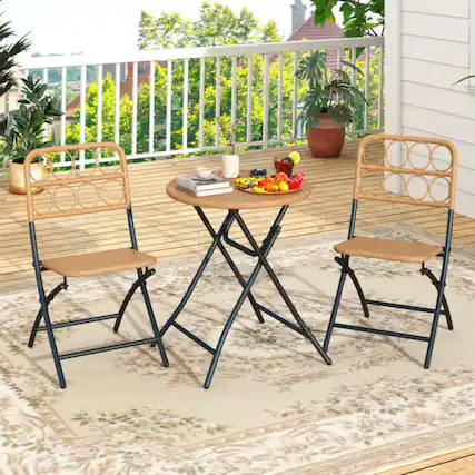 Front. Mondawe - Folding Patio Bistro Set with Round Table and 2 Chairs Wicker Seat 3-Piece - Light Brown.