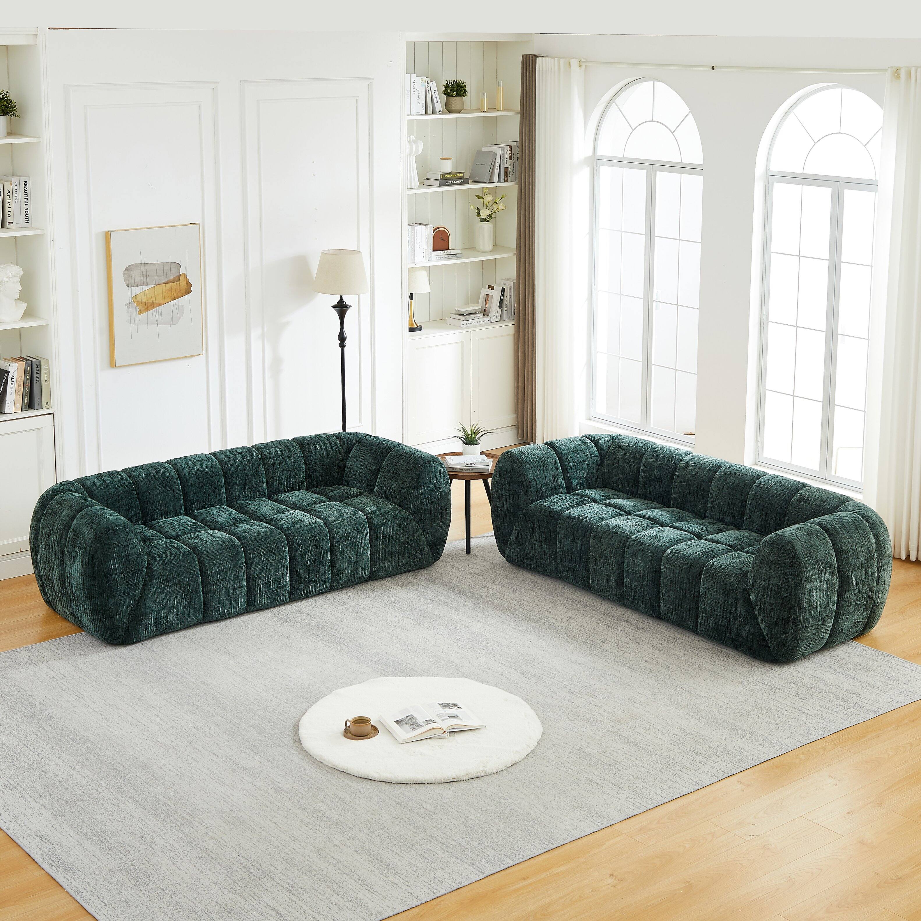 Angle. Anysun - Chenille Pure Foam Sofa Set – 3+3 Modern Quilted Cloud Sofa, Deep-Seat Chenille Sofa, Comfortable Two 3-Seater Sofas - Green.