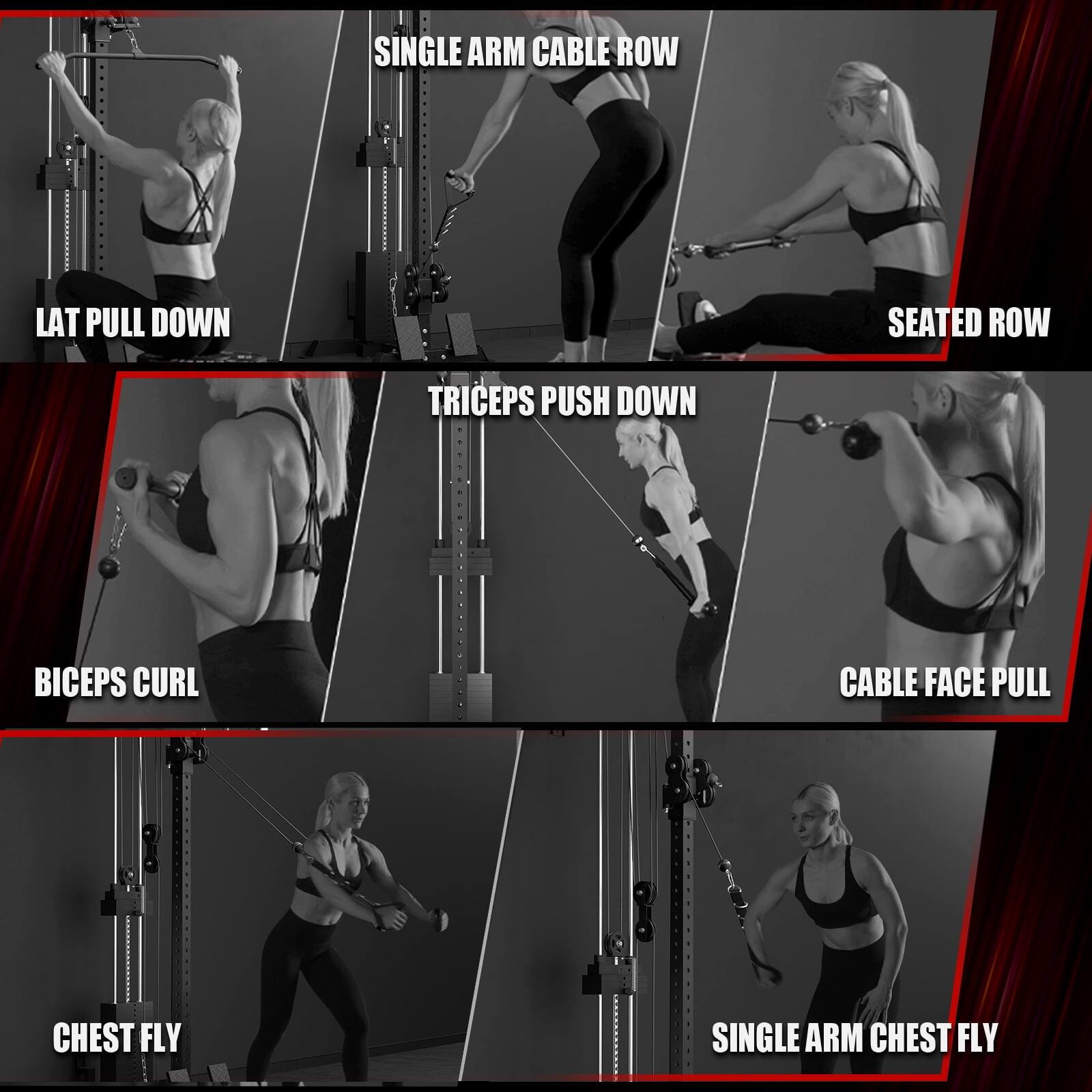 Sure, here is the corrected and grouped text from the image:

1. **Single Arm Cable Row**
2. **Lat Pull Down**
3. **Seated Row**
4. **Triceps Push Down**
5. **Biceps Curl**
6. **Cable Face Pull**
7. **Chest Fly**
8. **Single Arm Chest Fly**