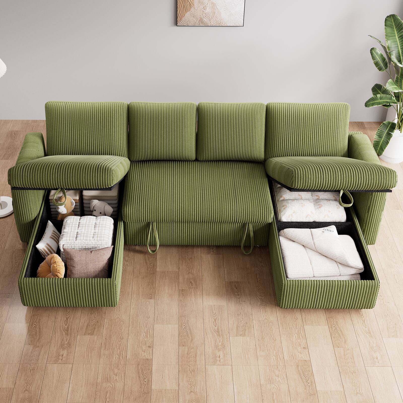 Angle. Dyonery - 81" U Shaped Pull Out Couches for Living Room with Storage Chaise, USB Port&Cupholder - Green.