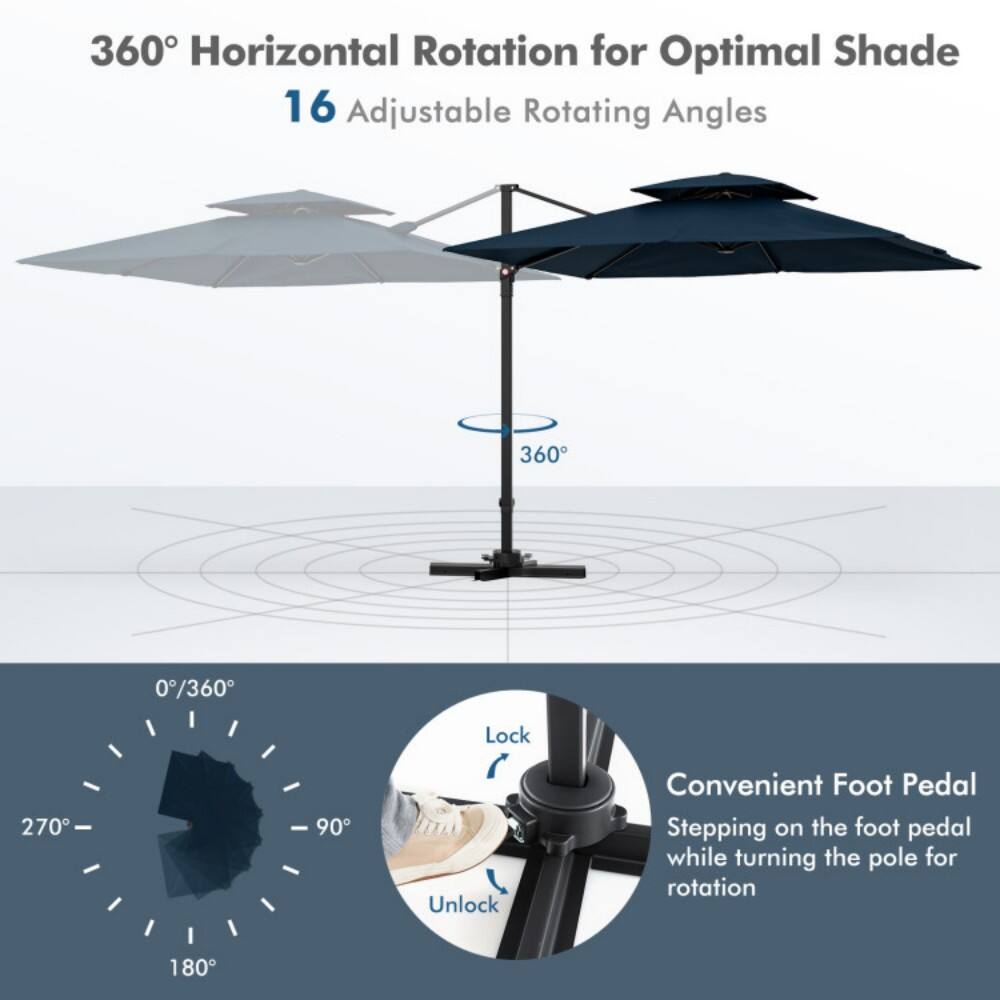 360° Horizontal Rotation for Optimal Shade  
16 Adjustable Rotating Angles  

Convenient Foot Pedal  
Stepping on the foot pedal while turning the pole for rotation  

Lock  
Unlock  

0°/360°  
90°  
180°  
270°